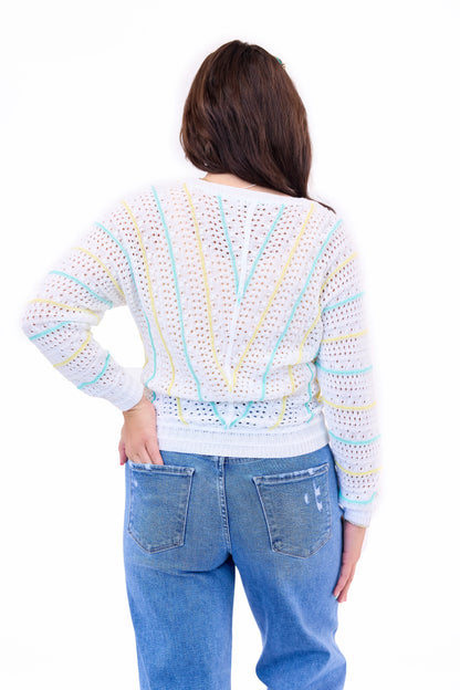 Women's Crochet Striped Open Knit Sweater
