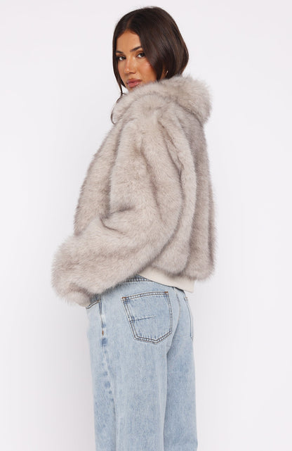 Glacial Chic Faux Fur Bomber Jacket Smokey Taupe